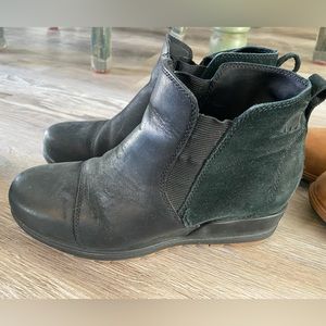 Sorel boots, canvas lined, waterproof suede, and full grain leather.